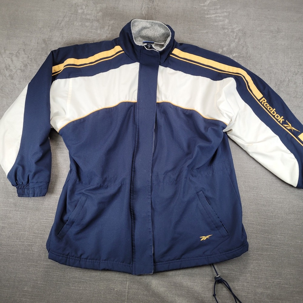 Vintage Reebok Insulated Jacket Navy Blue White Yellow Fleece Lined‎ Mens Lg